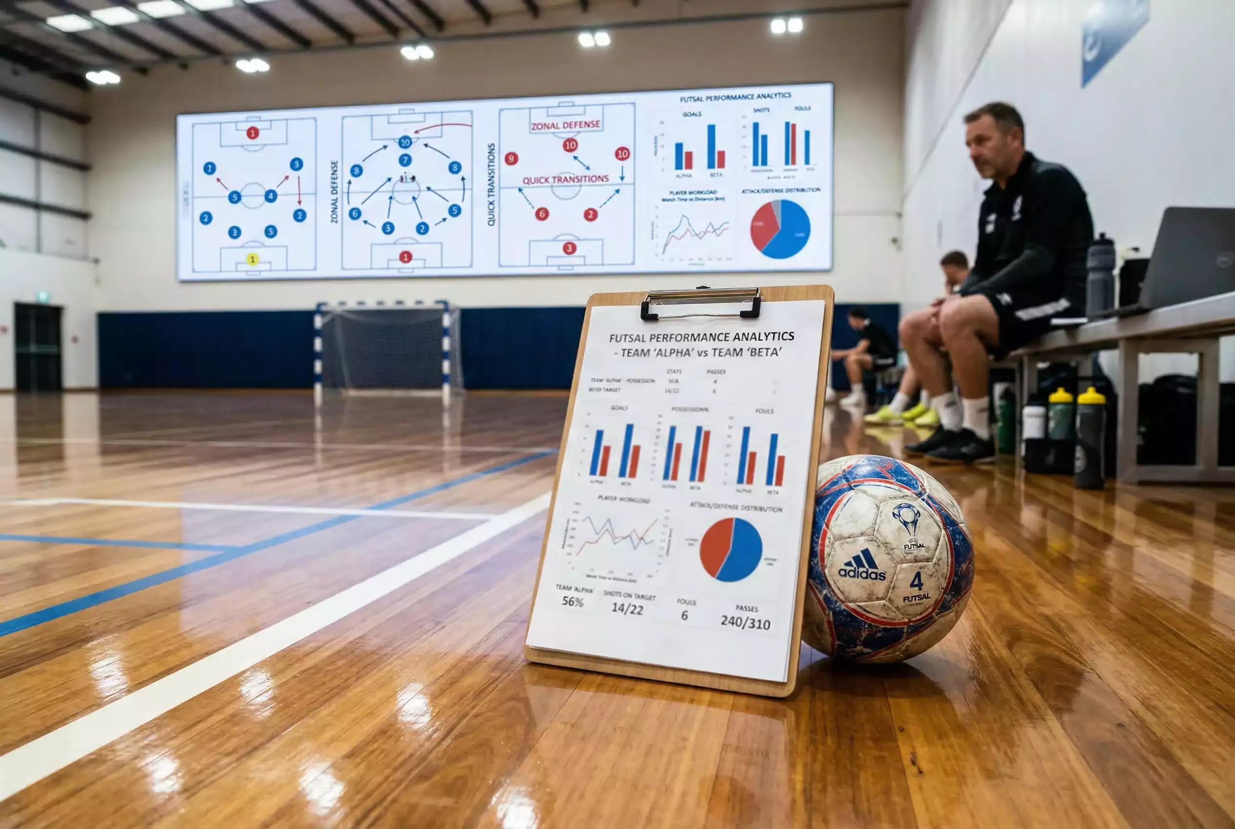 Jogadores de futsal em pavilhão desportivo com quadro tático de análise de forma