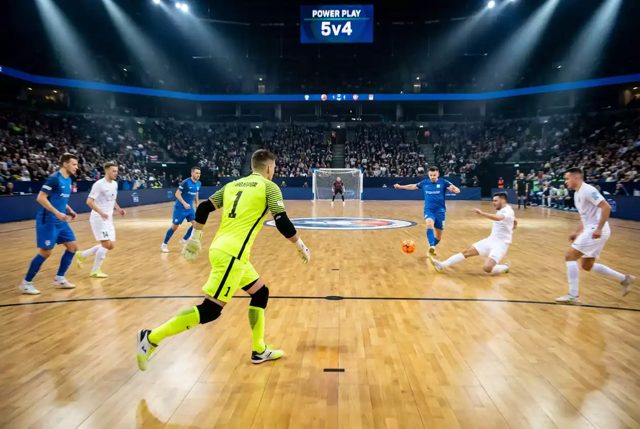 Jogador de futsal em acao com guarda-redes avancado em situacao de power play