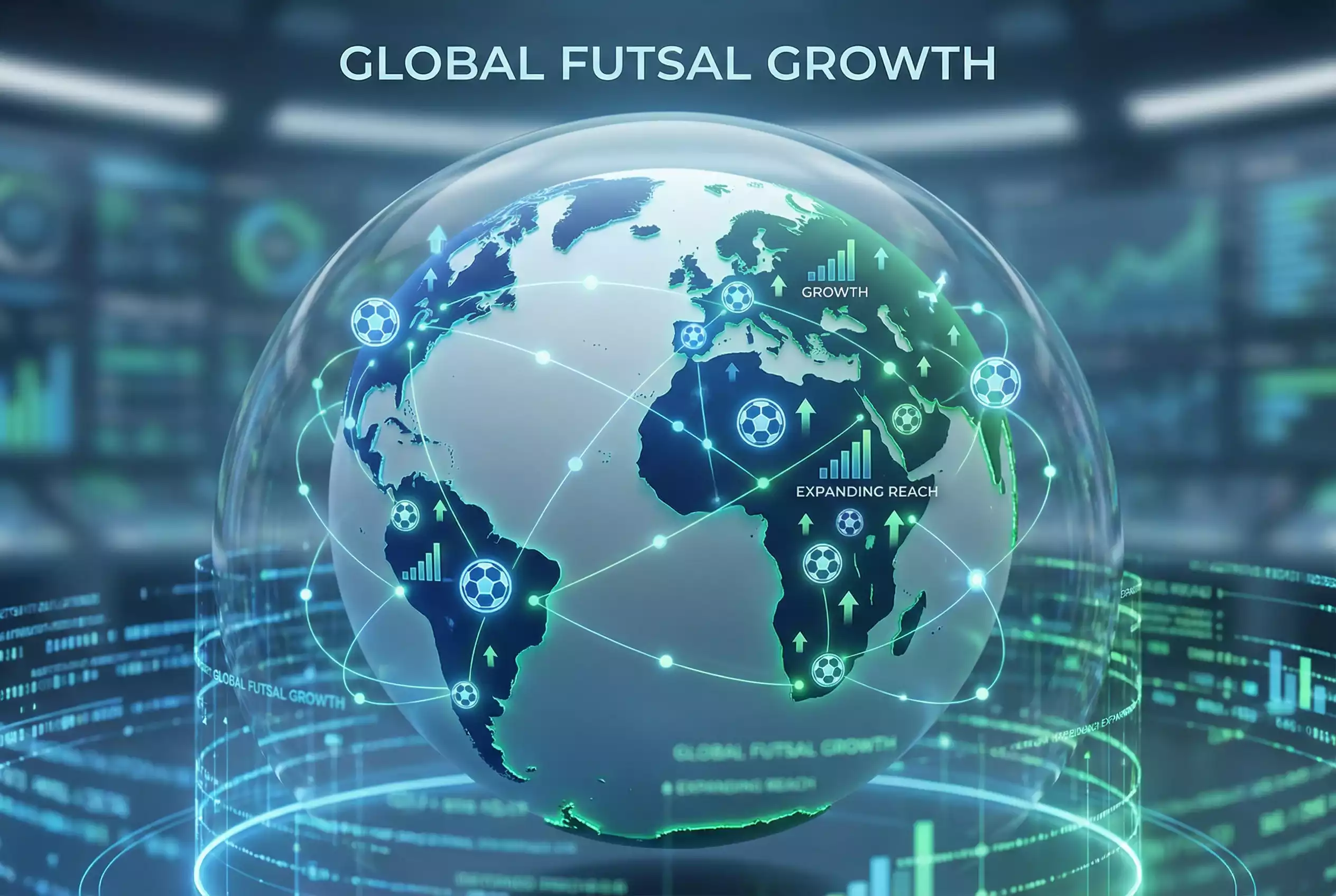 Globo terrestre com ícones de futsal representando a expansão mundial da modalidade