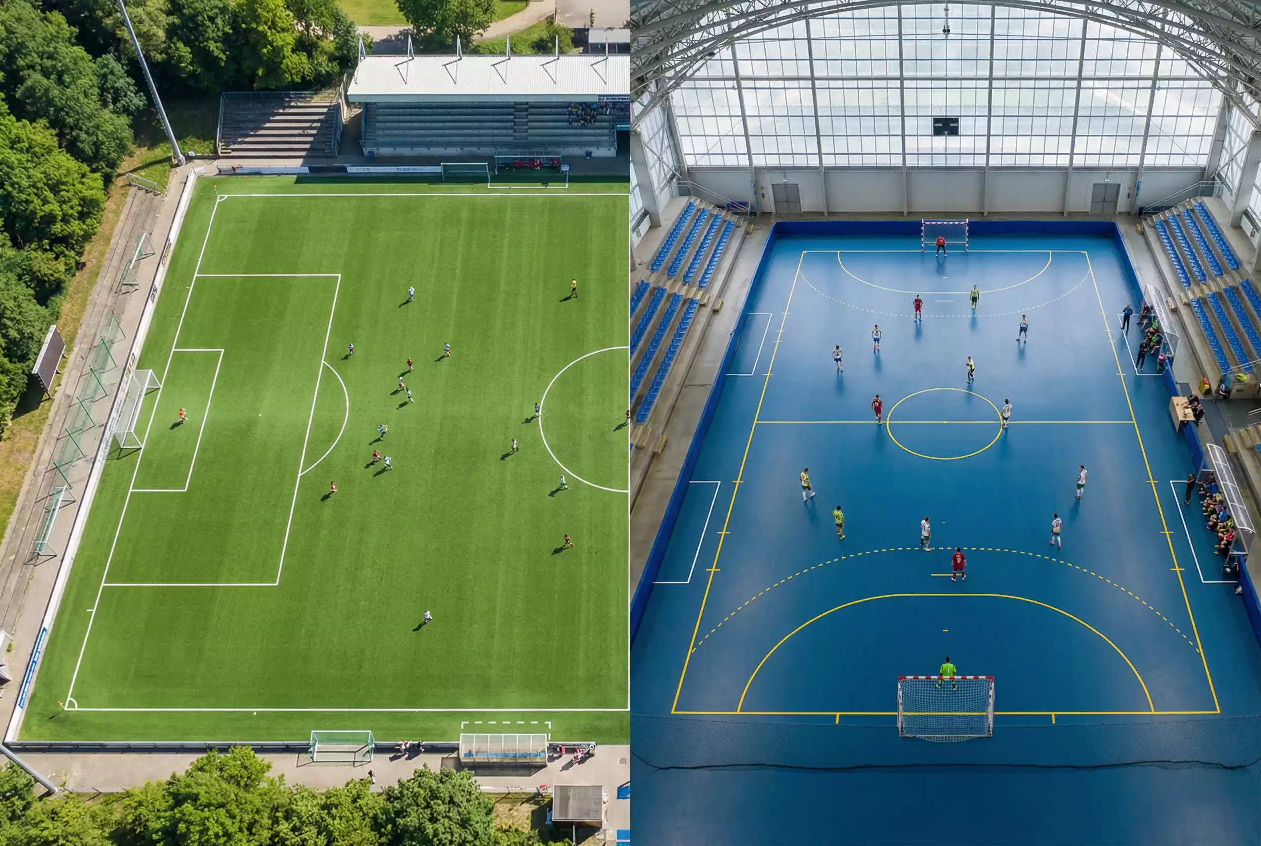 Campo de futebol e quadra de futsal lado a lado mostrando diferenças de escala