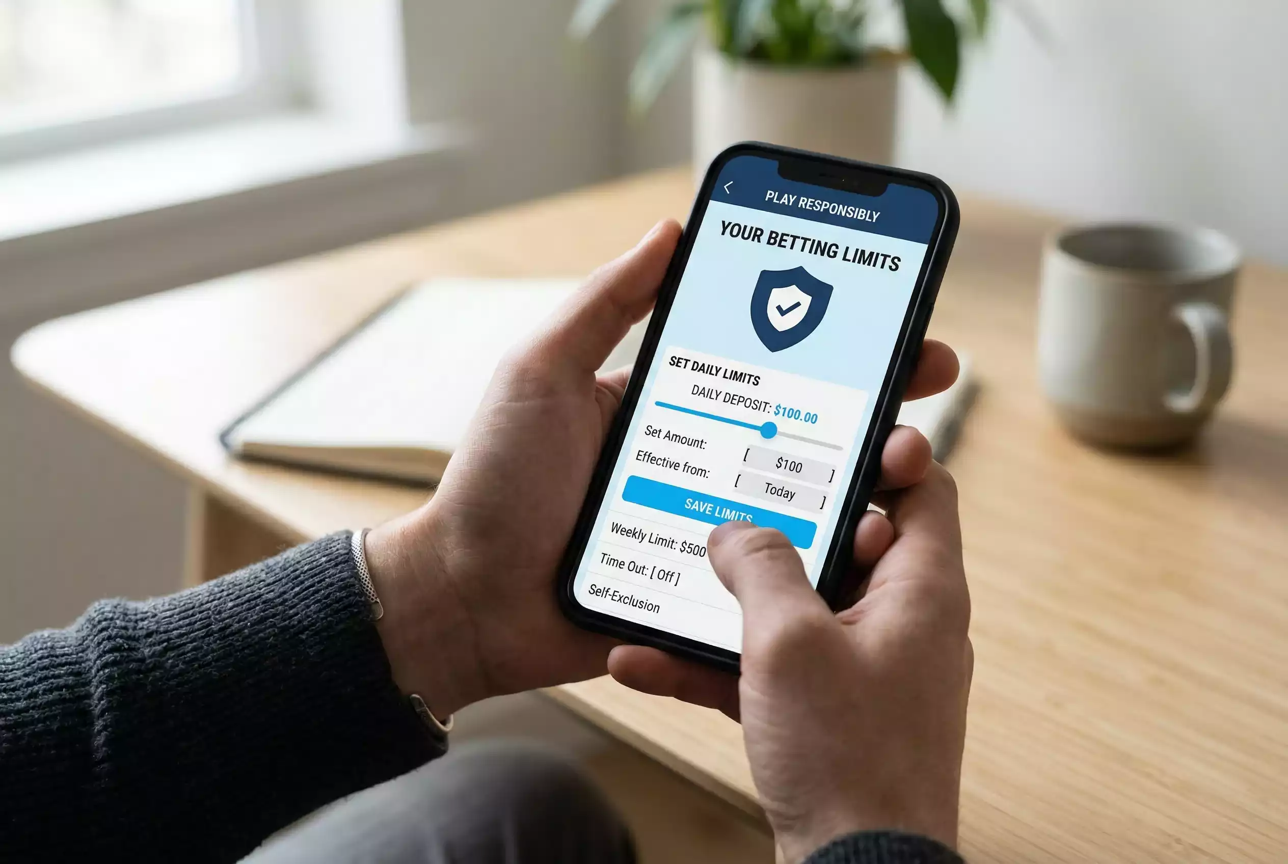 Mãos a configurar limites de apostas num telemóvel com ícone de escudo de protecção