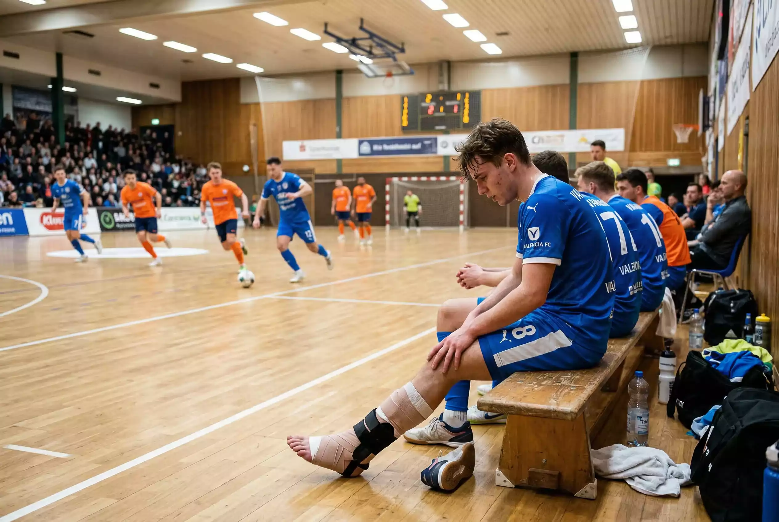 Jogador de futsal sentado no banco com ligadura no tornozelo e equipa em campo