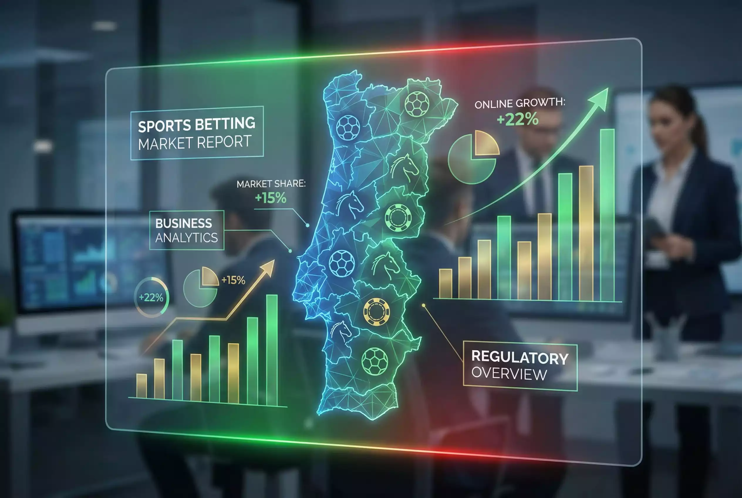 Mapa de Portugal com ícones representando o mercado de apostas desportivas