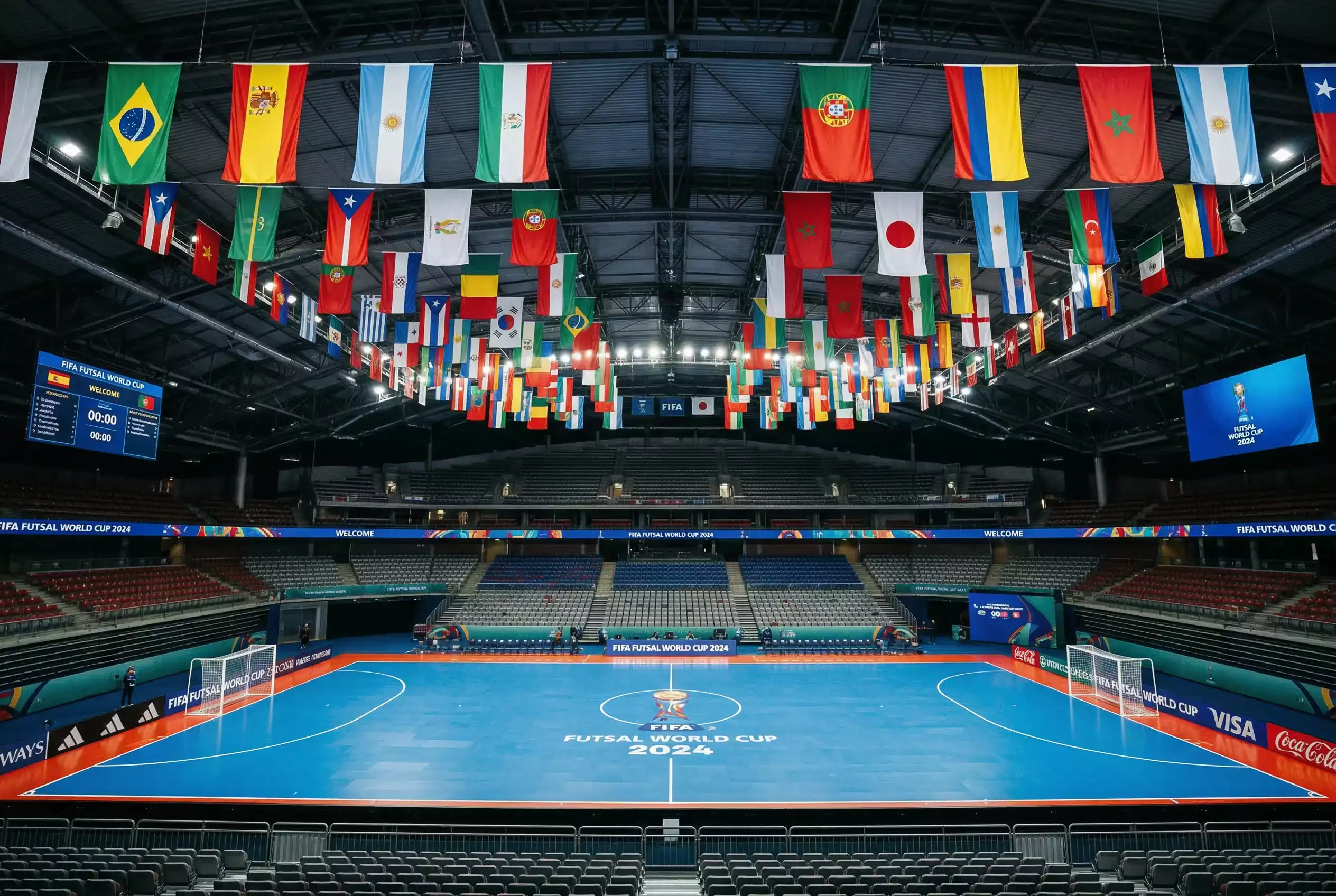 Pavilhão desportivo preparado para o Mundial de Futsal com bandeiras de várias nações