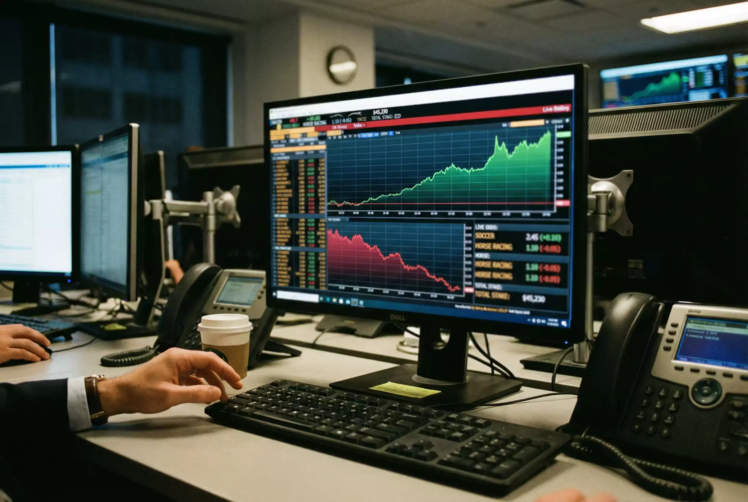 Ecrã de computador com gráficos de odds a subir e descer em tempo real