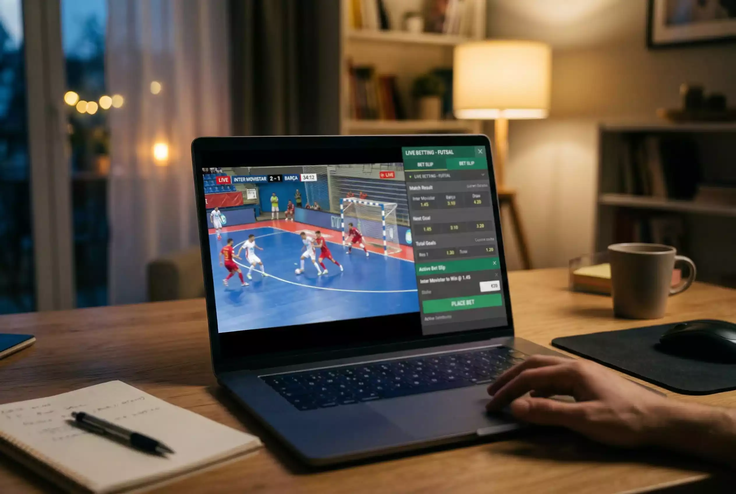 Portátil com transmissão ao vivo de jogo de futsal e boletim de apostas visível