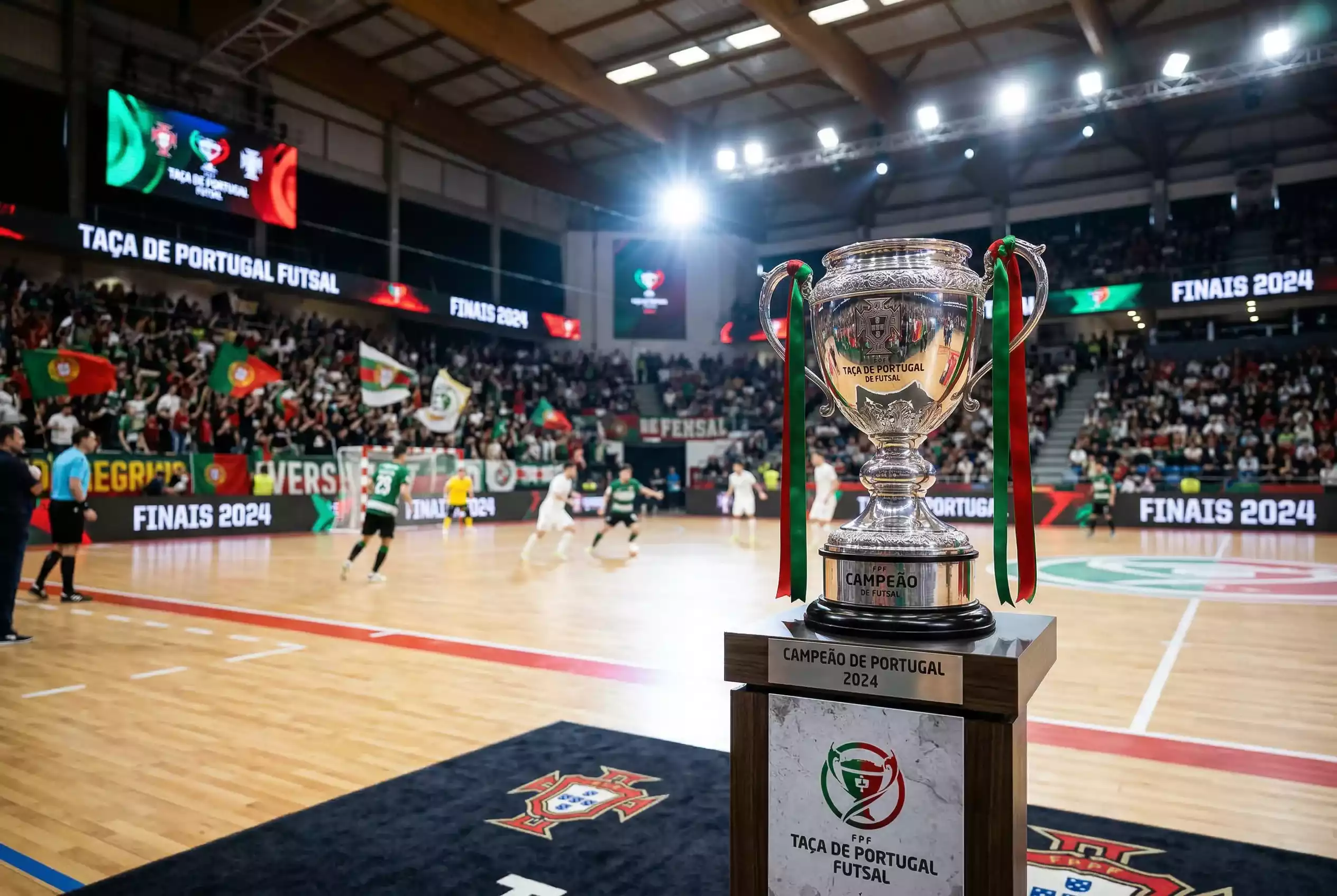 Troféu da Taça de Portugal de futsal em exposição num pavilhão