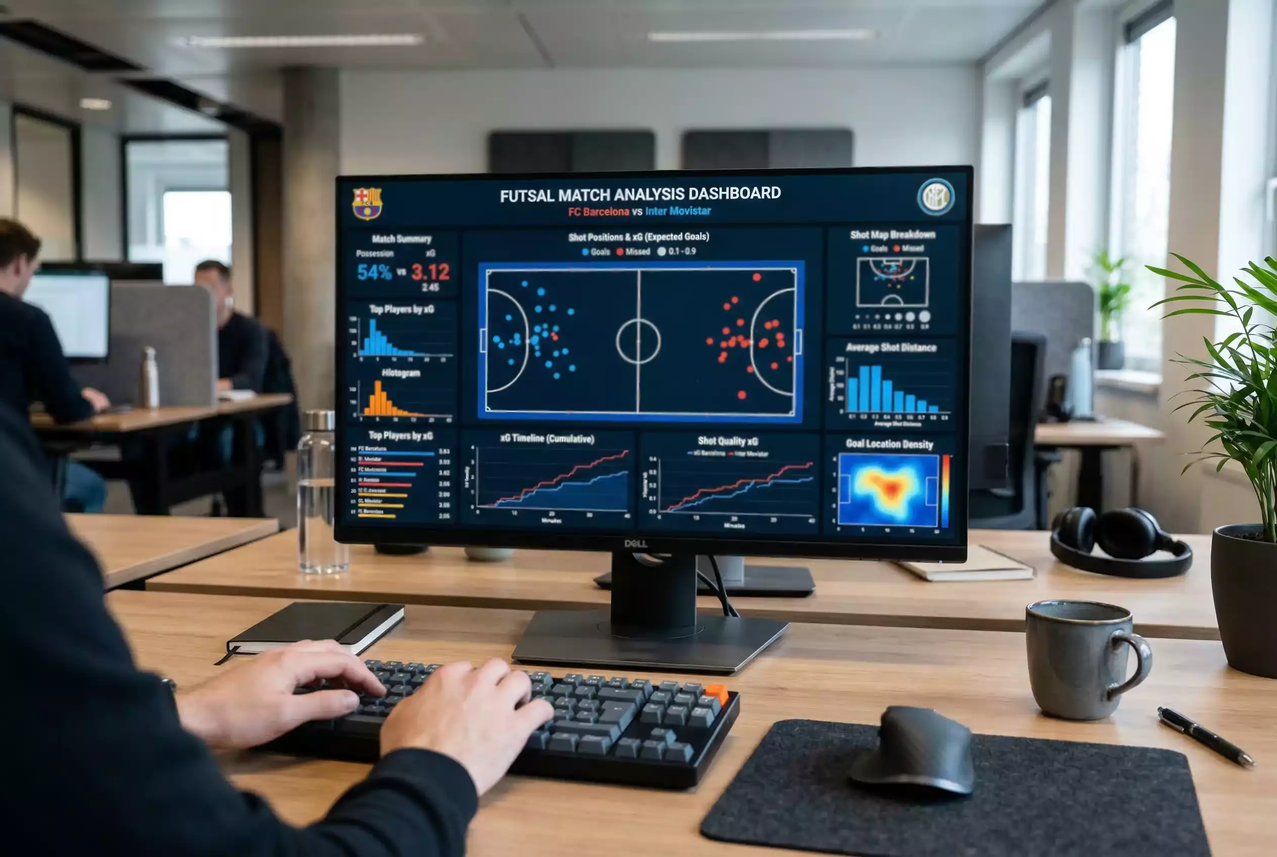 Ecrã de computador com gráficos de estatísticas xG de futsal